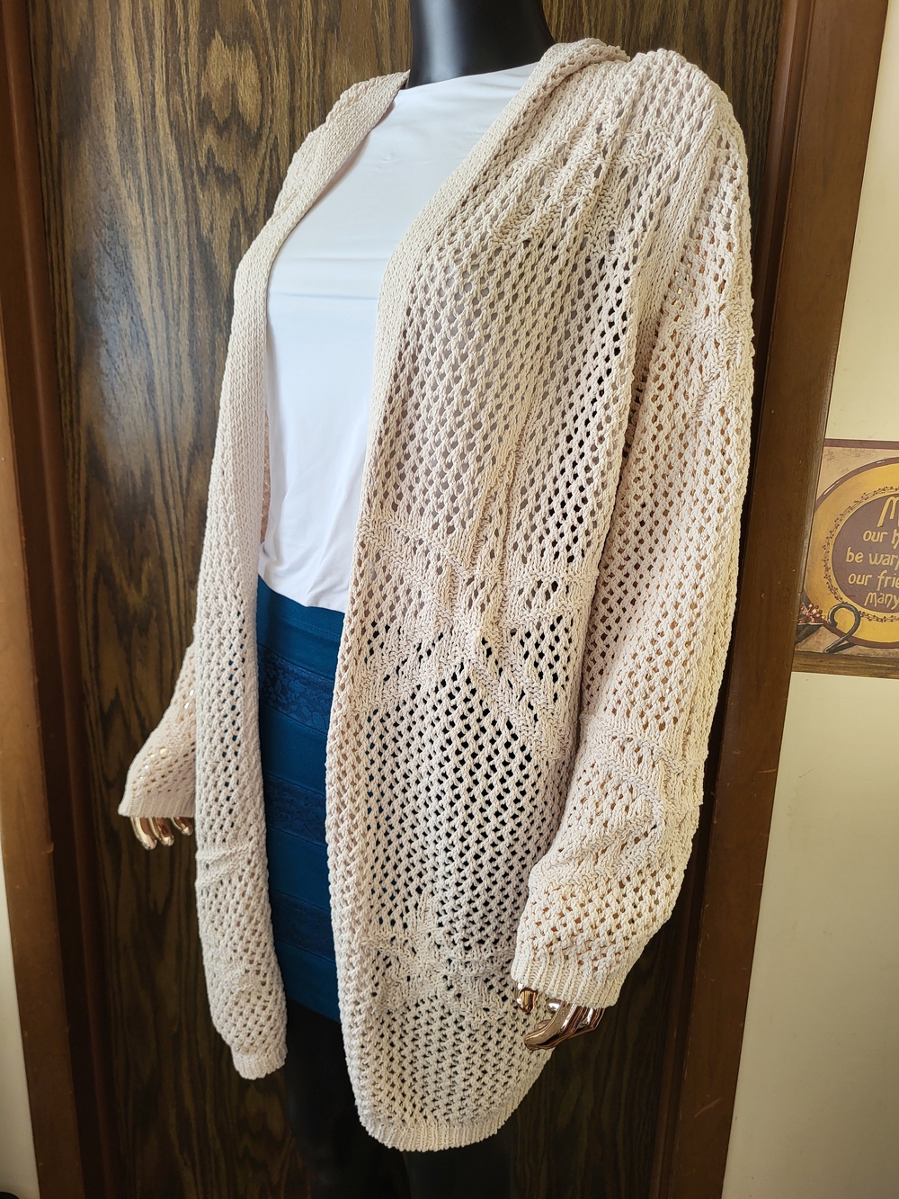 Artelier by Nicole Miller Cream  Hooded Crochet Open-Knit Top| Xl